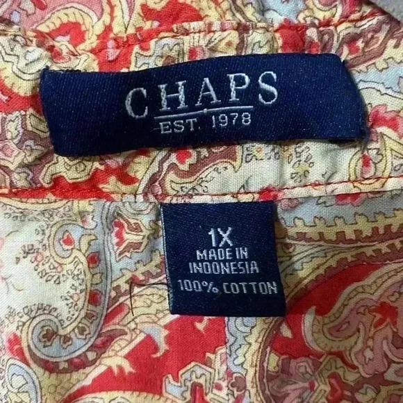 Chaps Women’s Top Red Paisley Button Down Blouse Shirt 3/4 Sleeve Size 1X - Picture 3 of 4